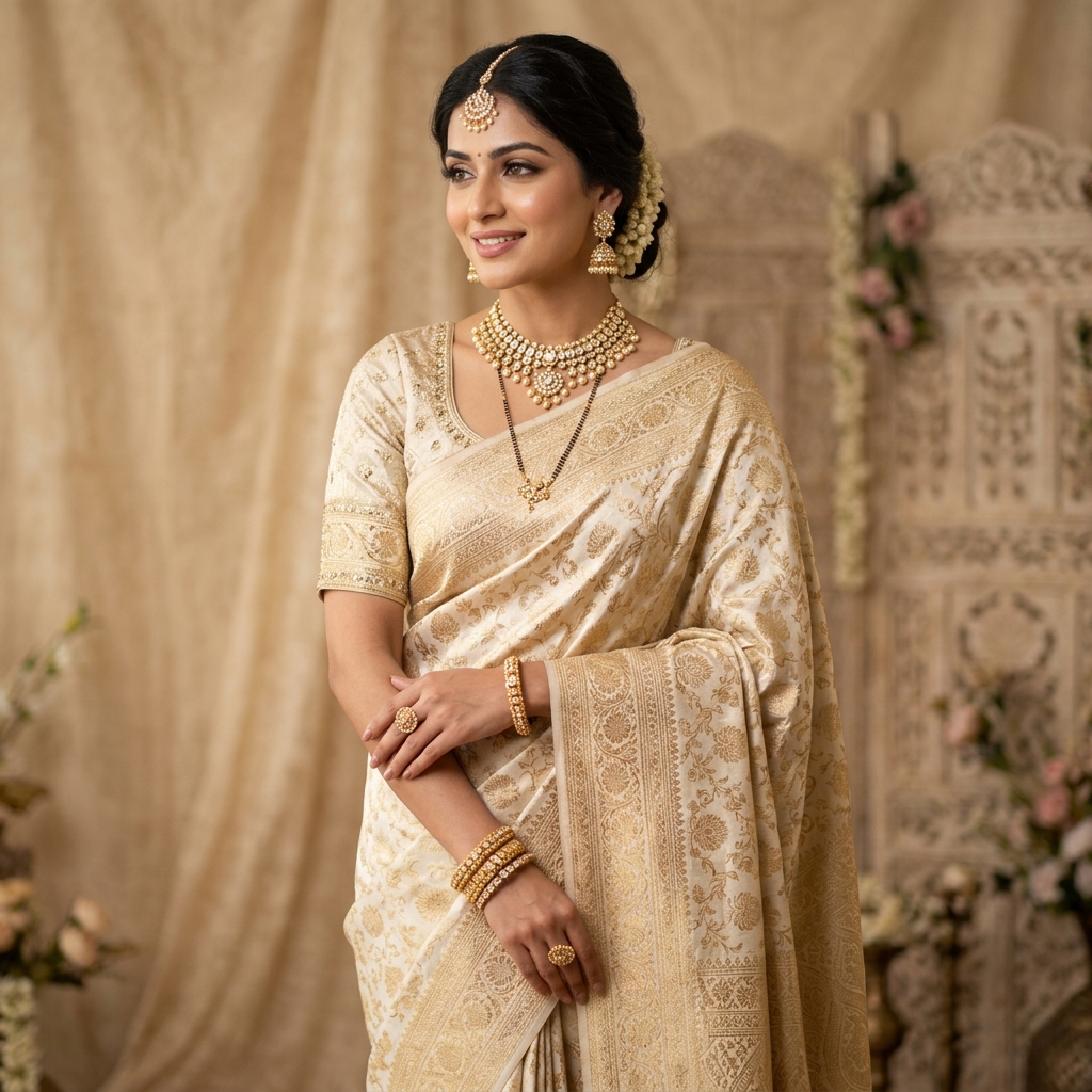 Woman in ivory Katan silk saree