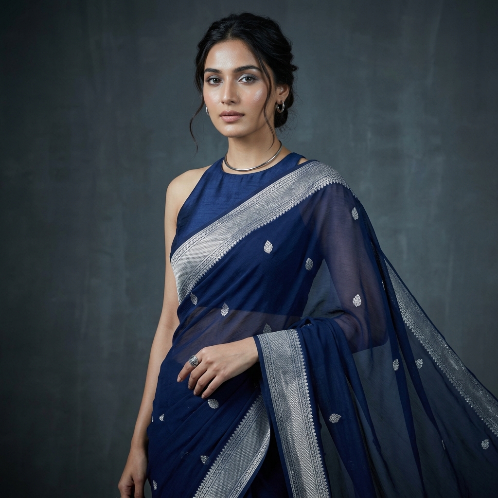 Woman in navy blue Kora Georgette saree