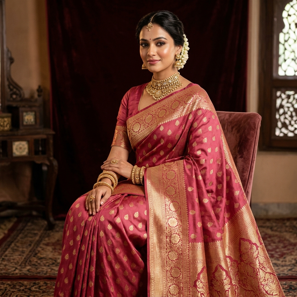 Woman in rose Kadwa brocade saree