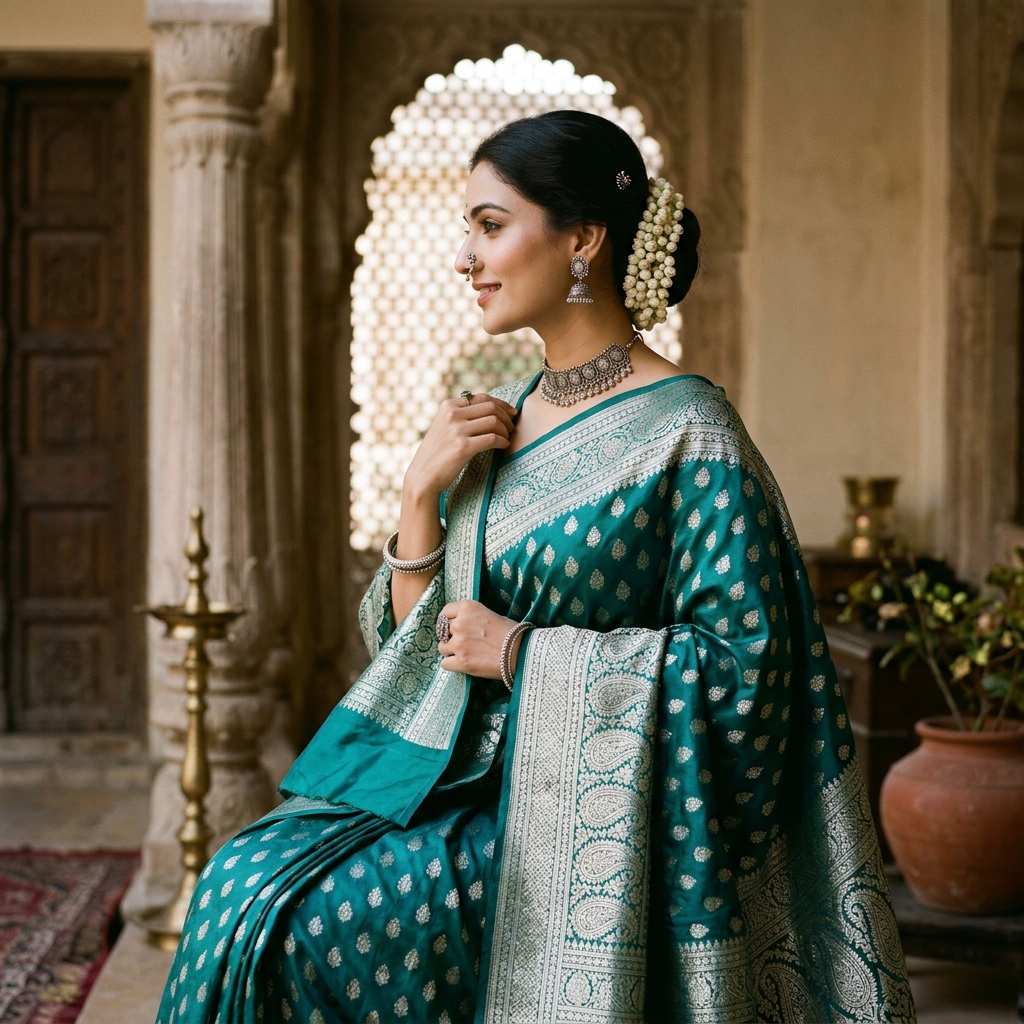 Woman in peacock green Katan saree