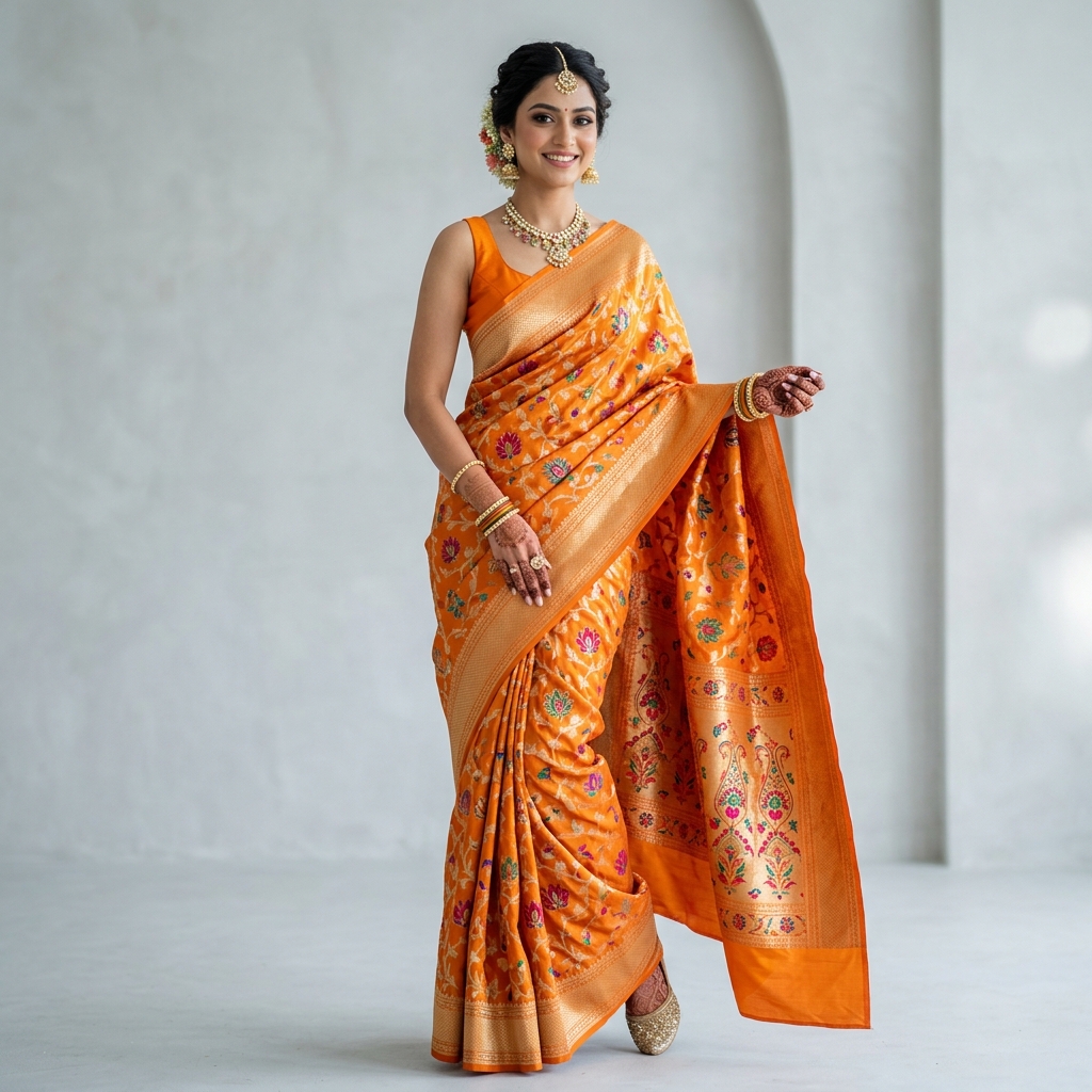 Woman in saffron Minakari saree