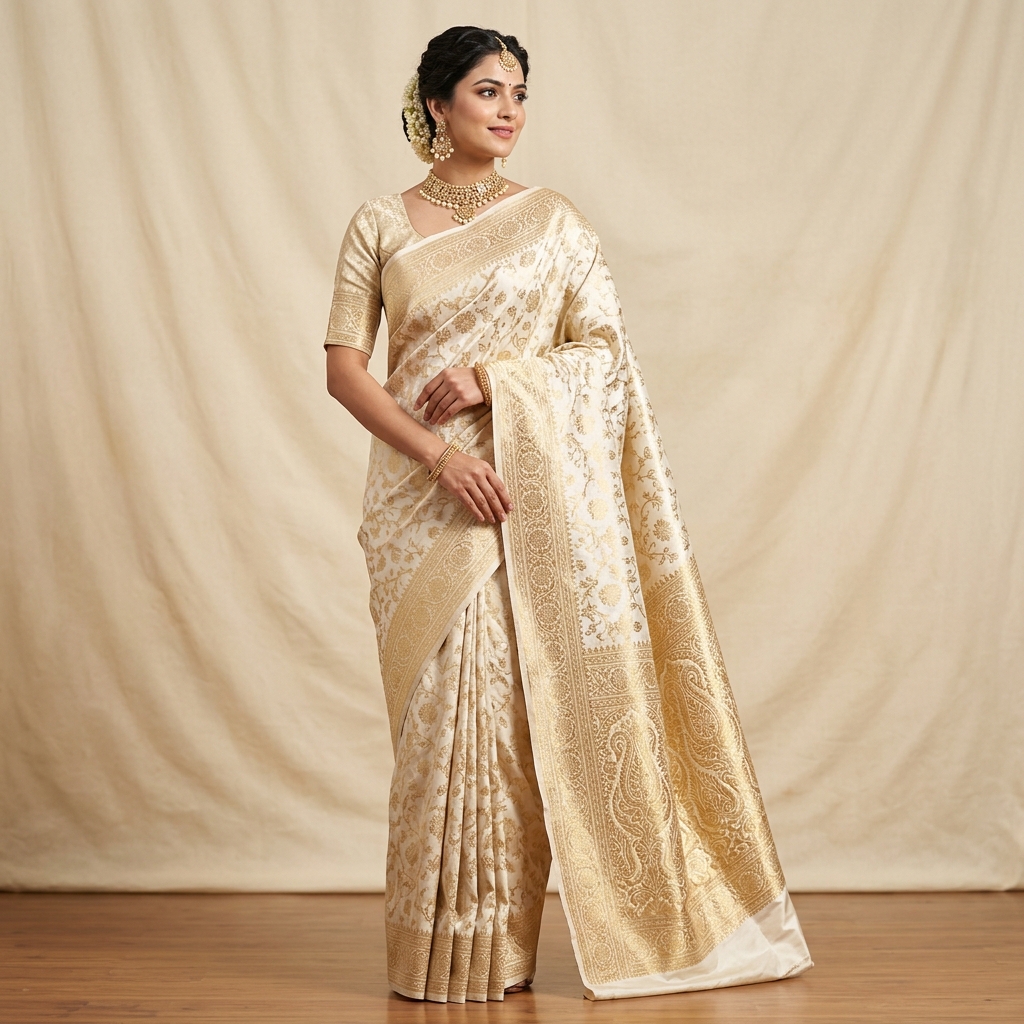 Katan pure silk ivory saree